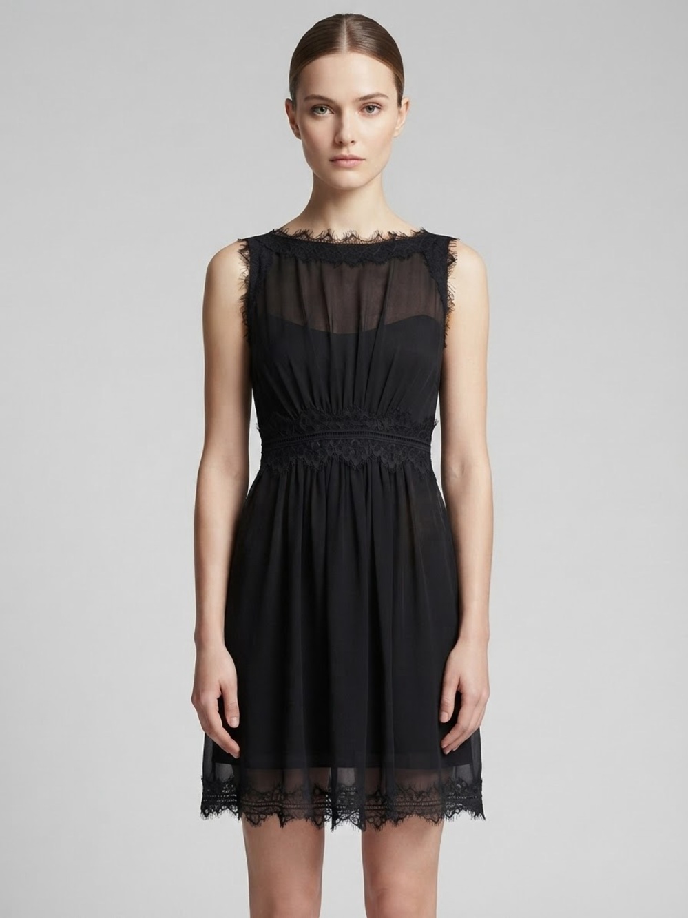 Jill Stuart Black Sheer Silk Slip Dress Sz 2 Lace Trim Babydoll
